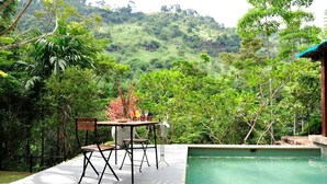 Zona junto a la piscina con mesa y sillas, rodeada de abundante vegetación y un paisaje montañoso.