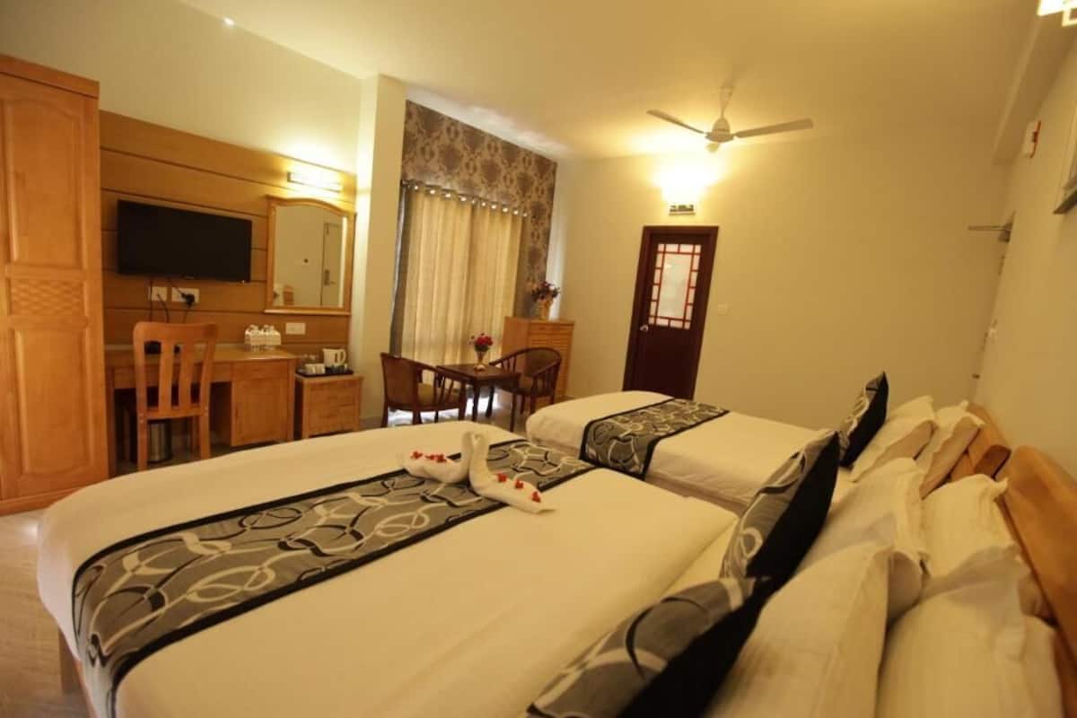 Habitación de hotel con dos camas, un escritorio, una silla, un televisor, un ventilador de techo y una puerta.