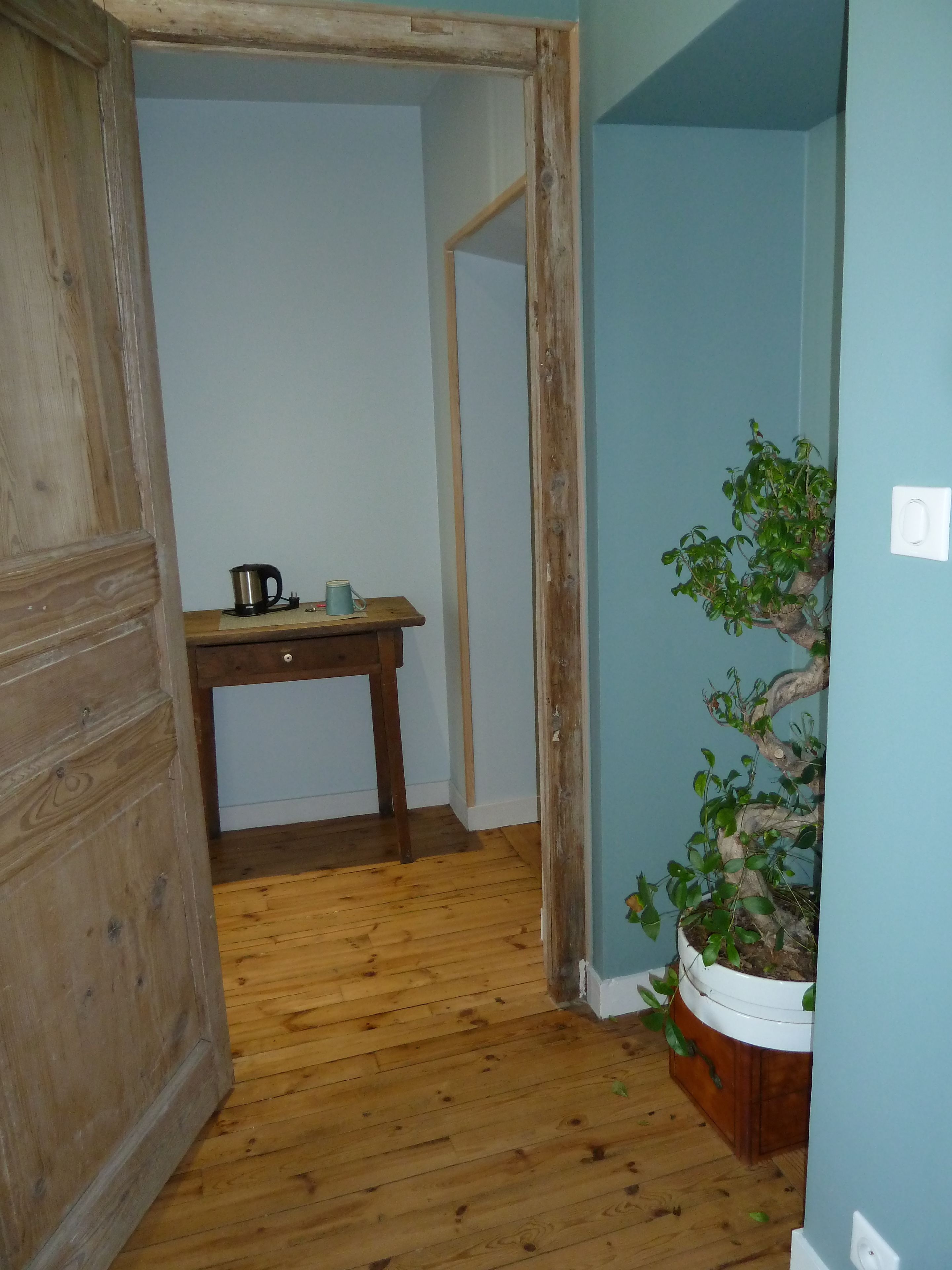 Un couloir étroit au plancher de bois, une petite table en bois avec une bouilloire et une tasse, et une plante en pot.