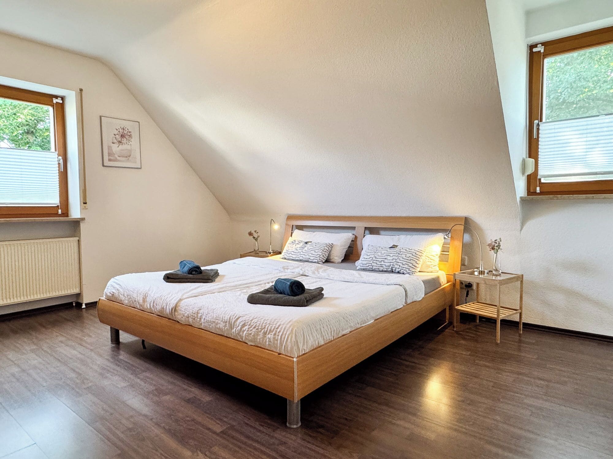 2 bedrooms, desk, laptop workspace, iron/ironing board