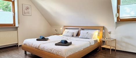 2 bedrooms, desk, laptop workspace, iron/ironing board