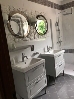 Shower, hair dryer, toilet paper