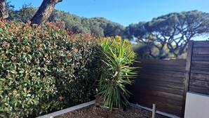 A garden with a variety of plants, a wooden fence, and a gravel path. - MAZET 2-BEDROOM IN DOMAIN WITH SWIMMING POOL AND TENNIS (GASSIN)