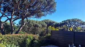 An outdoor patio with a table and chairs, surrounded by a wooden fence and various plants. - MAZET 2-BEDROOM IN DOMAIN WITH SWIMMING POOL AND TENNIS (GASSIN)