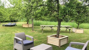A grassy outdoor area with wicker furniture, including chairs and a table, and wooden planters with trees. - Gite Les Marmottes Stage & stay (La Salle)