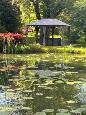 A gazebo with a roof and walls, surrounded by a pond with lily pads and greenery.