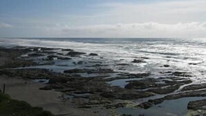 A rocky shoreline with waves crashing onto the beach. - Cottage by the Sea - Ocean Front (Yachats)