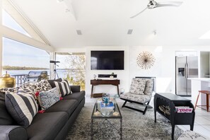 Smart TV, fireplace, books