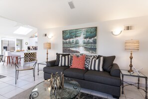 Smart TV, fireplace, books