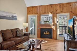 Smart TV, chimenea y libros 