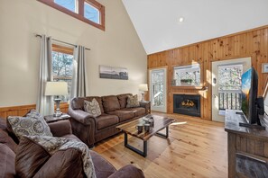 Smart TV, fireplace, books