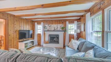 Televisión, chimenea, libros y estéreo