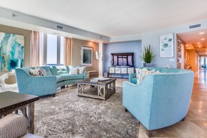 Penthouse, 5 Bedrooms, Ocean View | Living room | Flat-screen TV - Lagoon Tower by Luxury Gulf Rentals (Gulf Shores)