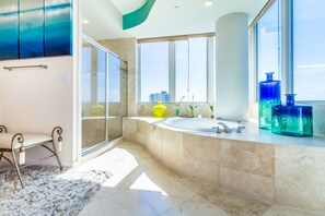 Penthouse, 5 Bedrooms, Ocean View | Bathroom | Combined shower/tub, deep soaking tub, hair dryer, towels - Lagoon Tower by Luxury Gulf Rentals (Gulf Shores)