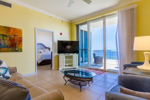 Three Bedroom Ocean View #406 | Living room | Flat-screen TV - Spanish Key by Luxury Gulf Rentals (Pensacola)