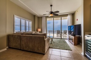 Three Bedroom Ocean View #301 | Living room | Flat-screen TV - Spanish Key by Luxury Gulf Rentals (Pensacola)