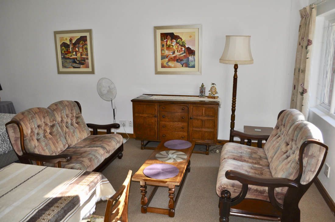 A living room with two sofas, a wooden table with a purple cushion, a wooden cabinet, and two wall-mounted paintings.