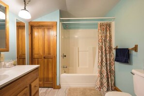 Hair dryer, towels, soap, shampoo