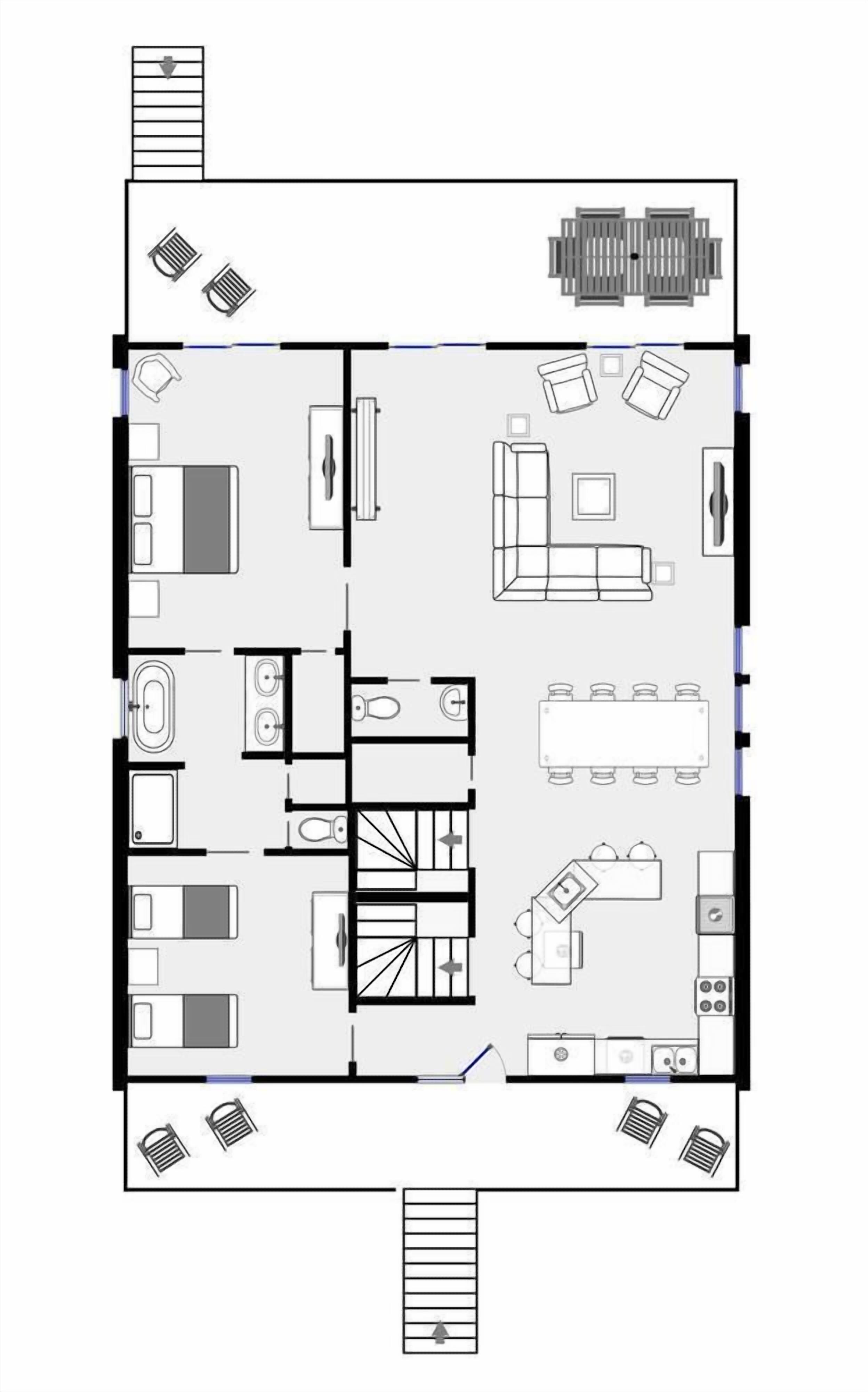 A hotel floor plan with a dining area, kitchenettes, a lounge, and a staircase.