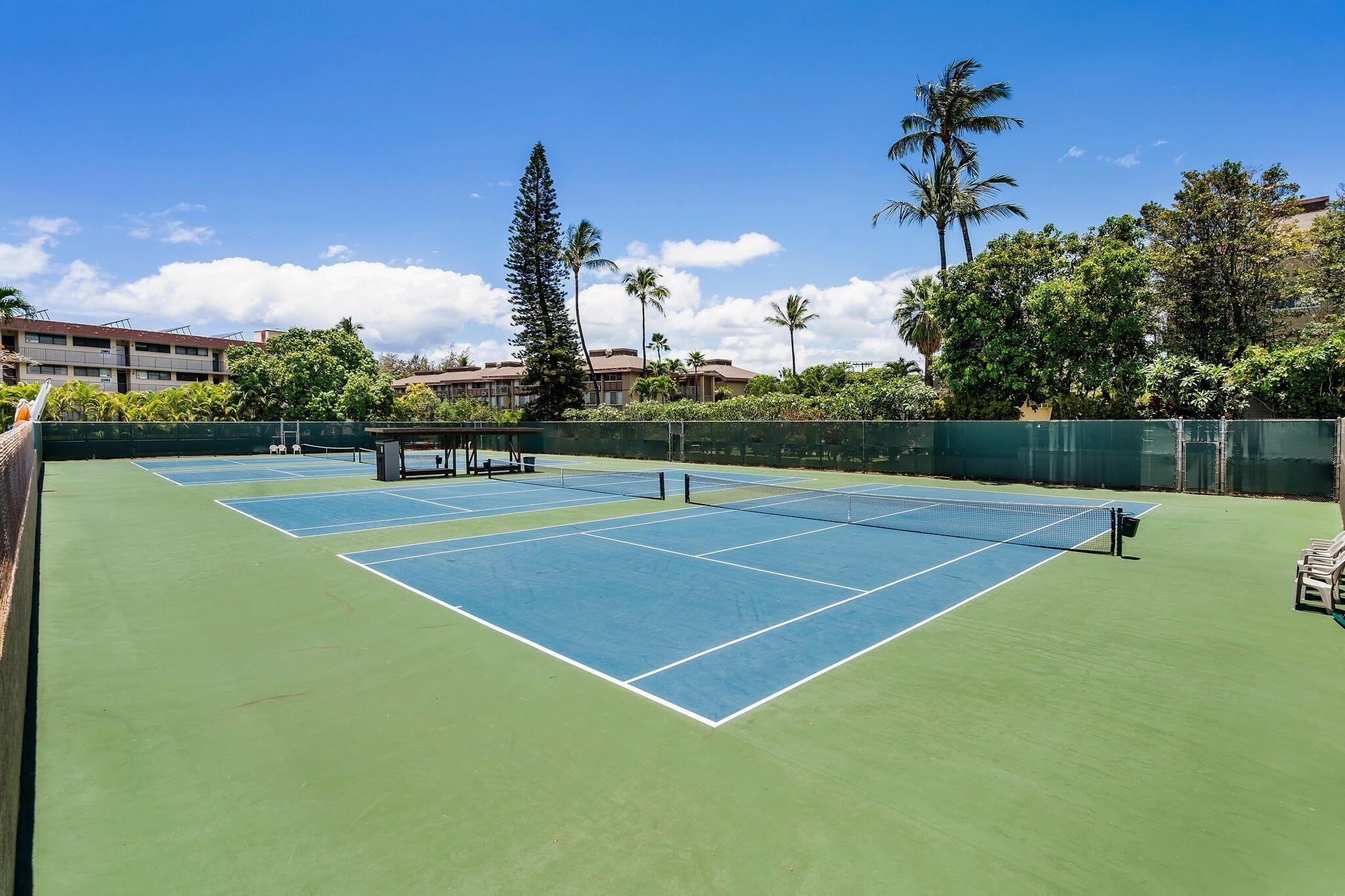 Ein Tennisplatz mit mehreren Spielfeldern, umgeben von Grünflächen und Gebäuden.