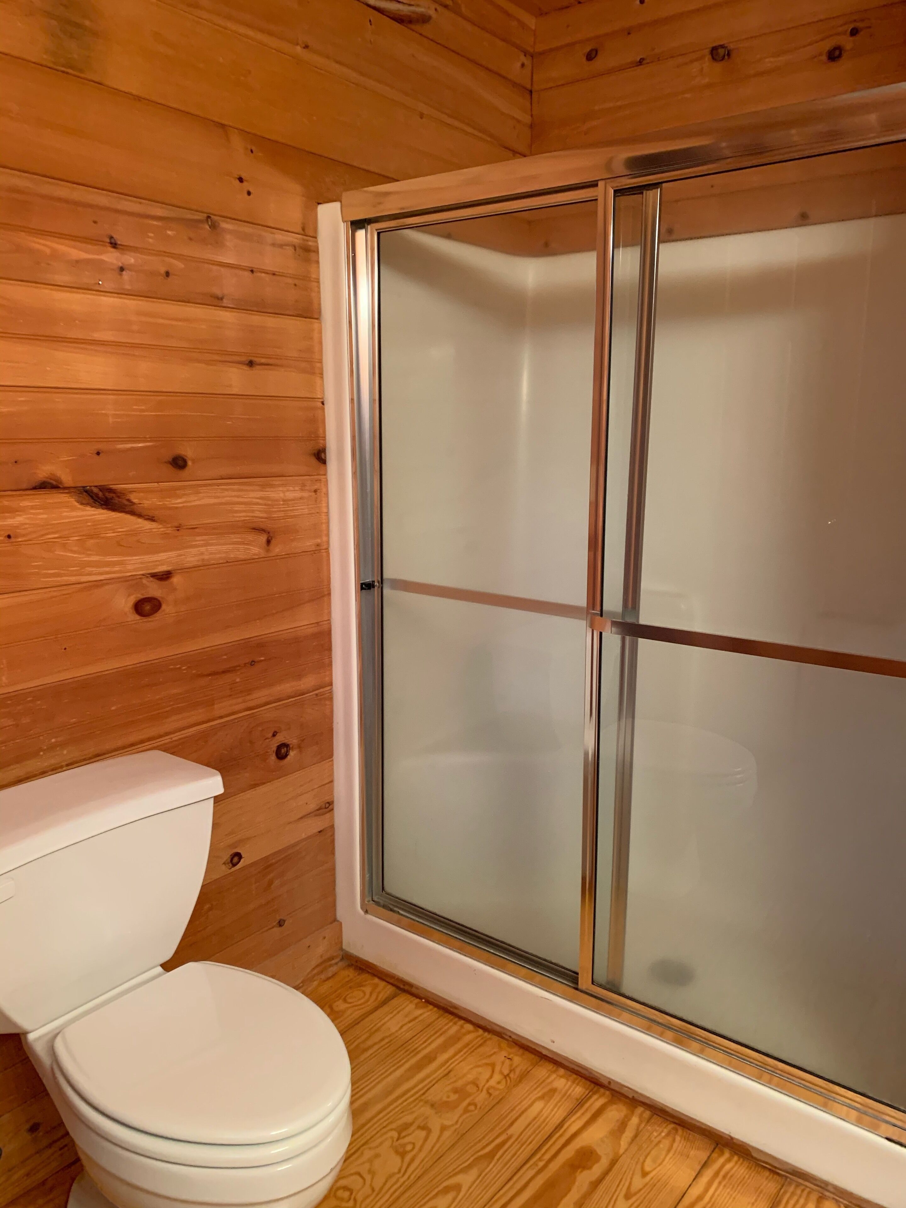 A wooden cabin bathroom with a glass-enclosed shower and a white toilet.