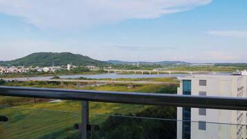 A view from a balcony overlooking a river with bridges, a hill, and buildings in the distance.