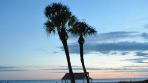 Een strand met palmbomen, een strandhut en een heldere lucht.