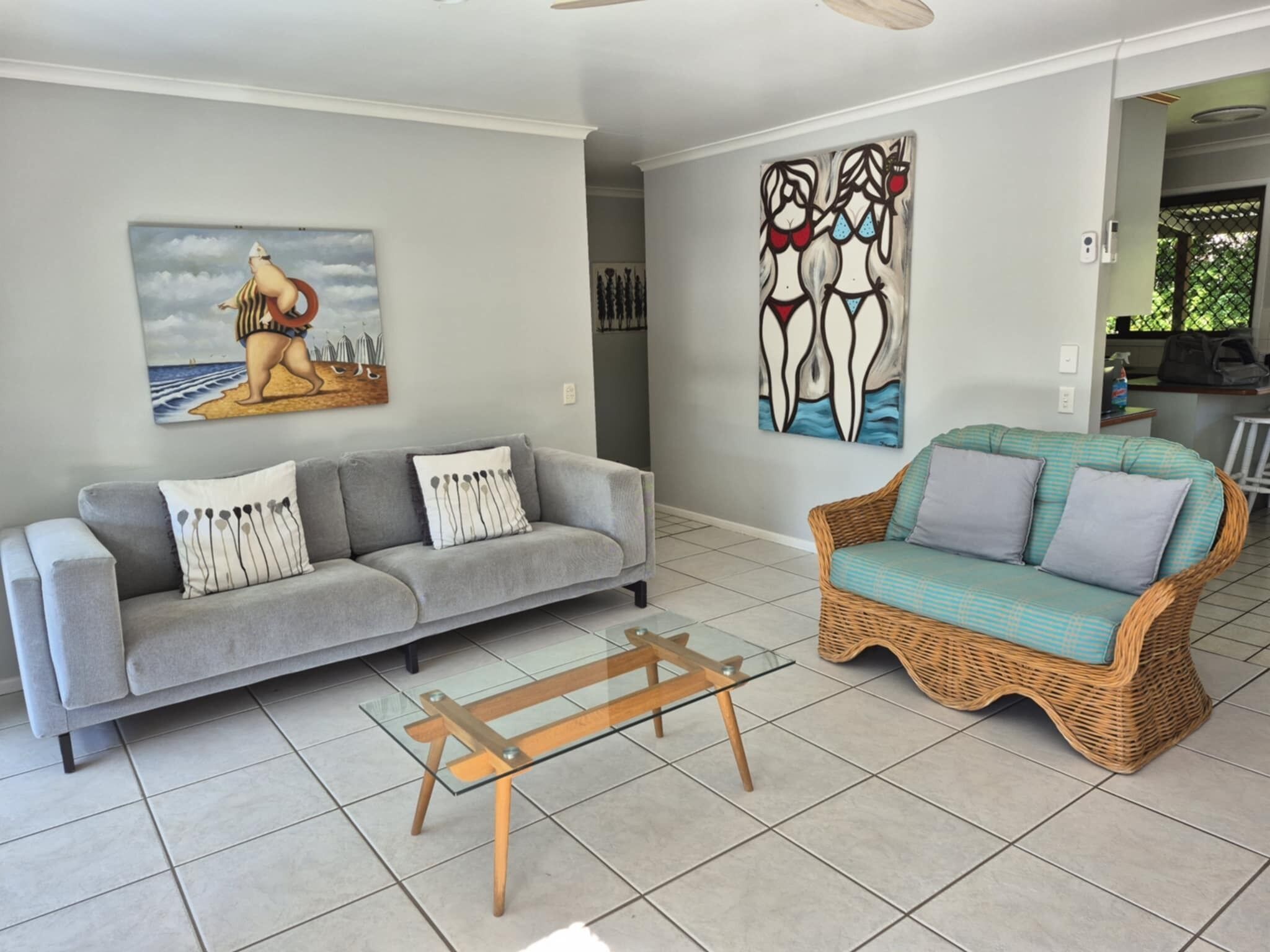 Flat-screen TV, DVD player, books, video library