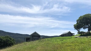 A rural setting with two cabins on a grassy hill, surrounded by trees and hills. - Broughton Cottage - Pudding Hill Farm, Berry (Foxground)