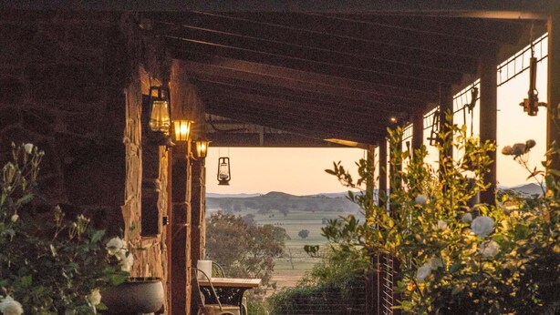 Une terrasse en bois rustique, agrémentée d’une table et de chaises, entourée de plantes en pot et offrant une vue sur la campagne.
