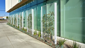 Un bâtiment moderne doté de grandes fenêtres en verre et d’un trottoir en béton.