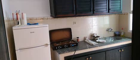 Fridge, oven, coffee/tea maker, coffee grinder