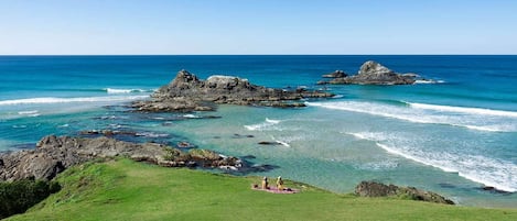 On the beach, sun-loungers, beach towels