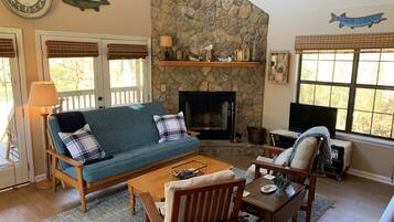 Smart TV, fireplace, video games, DVD player