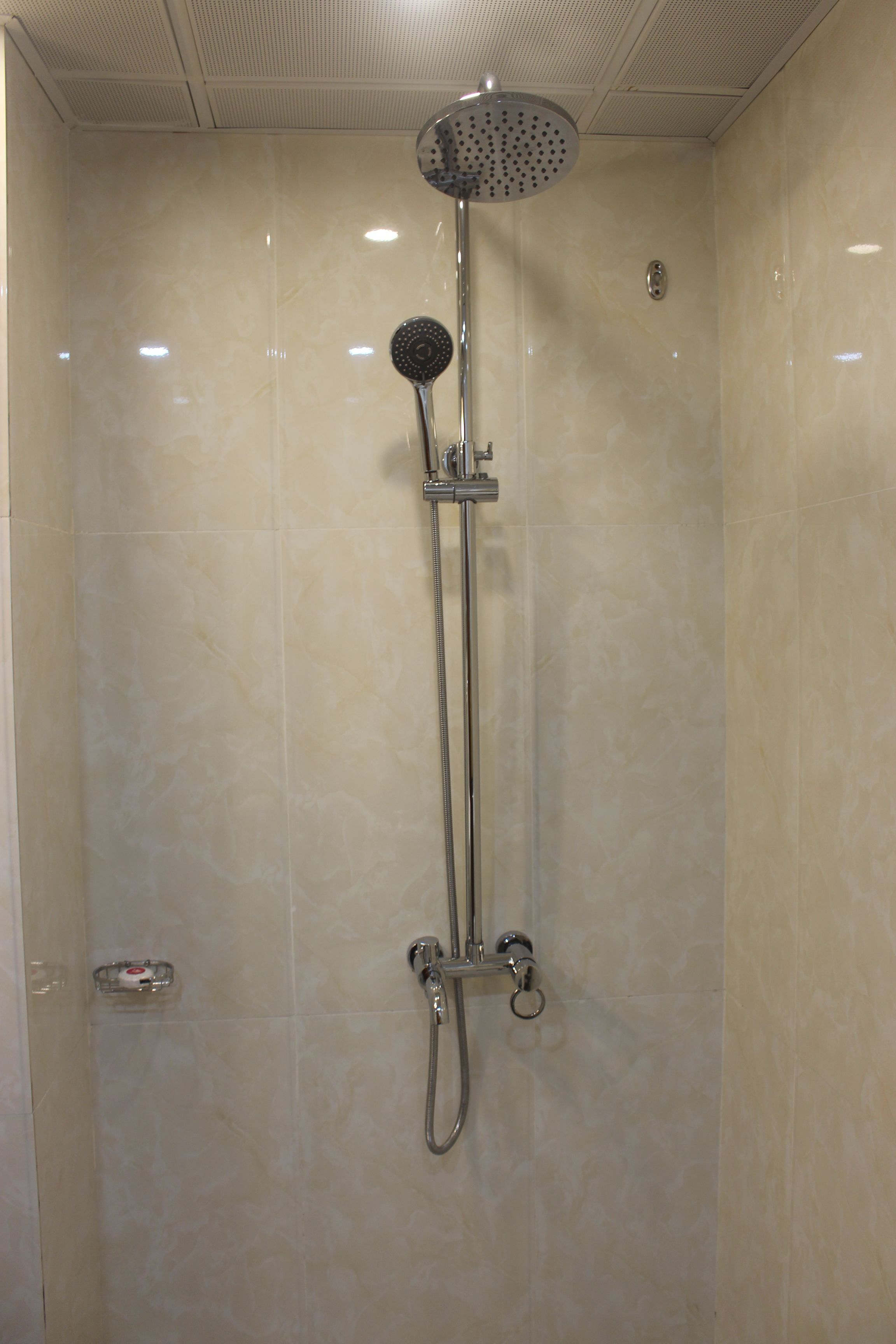 Une douche équipée d’un pommeau de douche à main et d’un robinet mural.