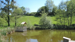 A pond with a wooden dock and a small shelter.