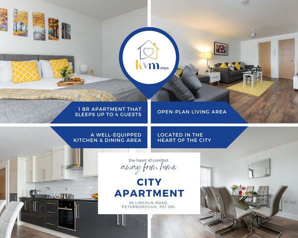 A city apartment with a well-equipped kitchen, dining area, and a living space with a sofa and coffee table. It sleeps up to 4 guests and is located in the heart of the city. - KVM - City Apartments (Peterborough)