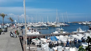 A marina with numerous boats docked, a pedestrian walkway, and palm trees. - Detached villa on 2 levels, newly renovated and super-equipped (San Felice Circeo)