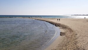 Una playa con agua cristalina, una orilla arenosa y un horizonte urbano lejano.