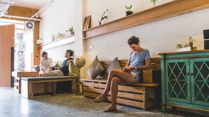 A modern interior with wooden furniture, a globe, and potted plants on shelves. - World Inn - Hostel (Hualien City)
