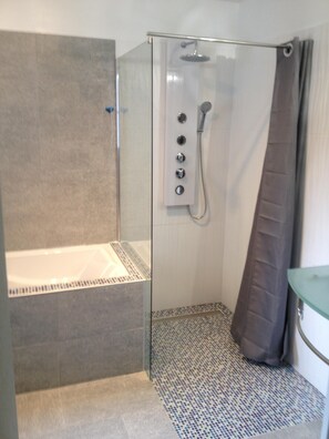 Combined shower/tub, hair dryer