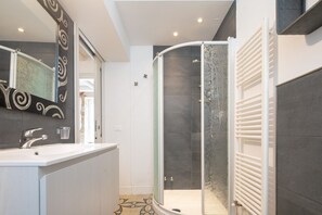 Shower, hair dryer, bidet, towels