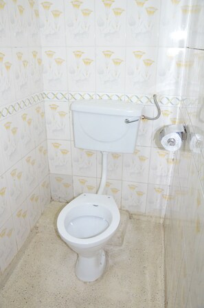 A small, basic bathroom with a toilet, a toilet paper holder, and patterned tiles on the walls. - Starehe link hotel (Nairobi)