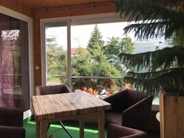 A room with a wooden table and chairs, large windows with a view of trees and buildings, and a green artificial turf floor.