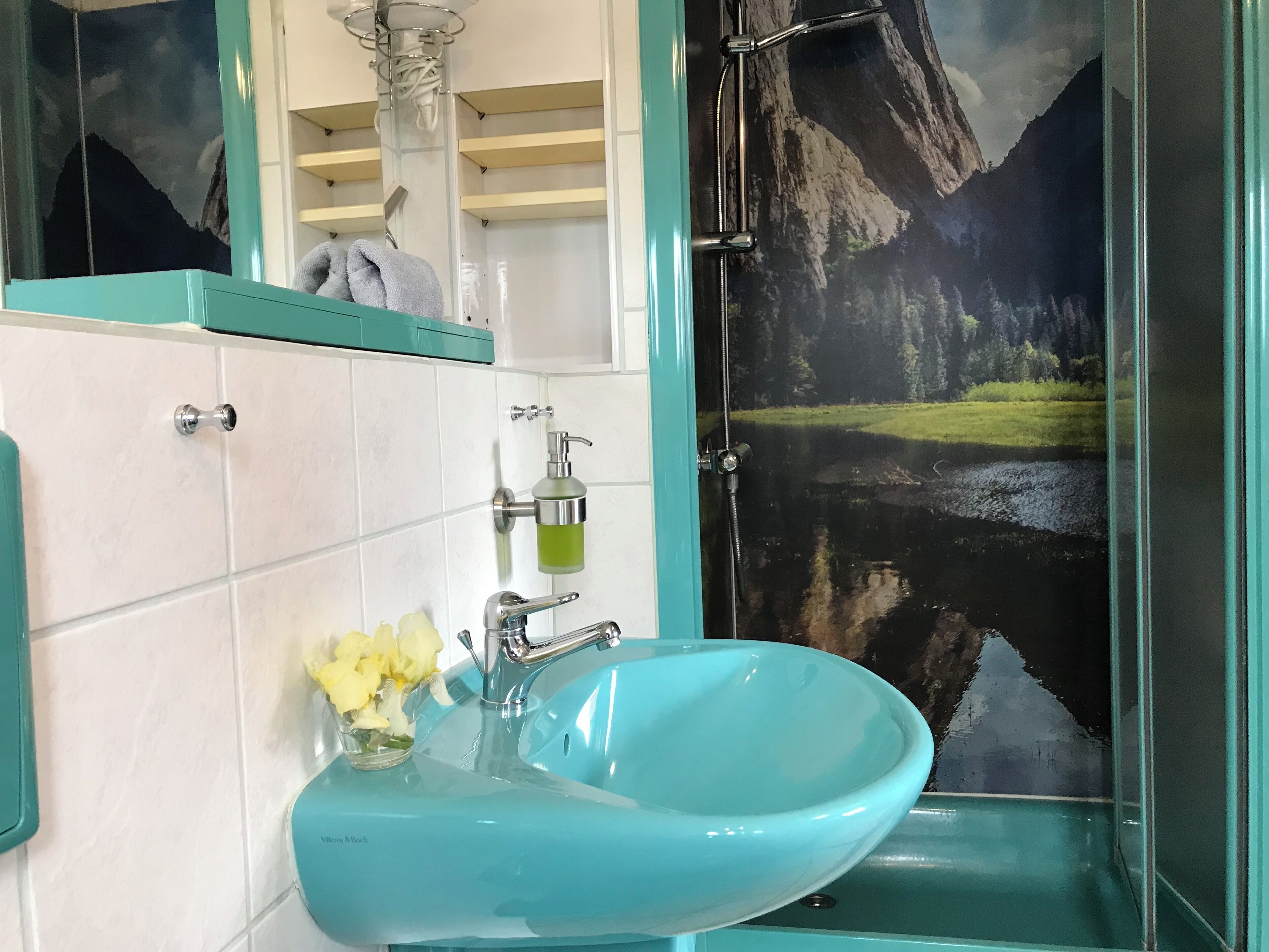 Une salle de bain avec un lavabo turquoise, un distributeur de savon en verre et un miroir orné d’une fresque représentant un paysage de montagne.