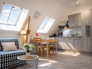 Großer Kühlschrank, Mikrowelle, Herdplatte, Geschirrspüler