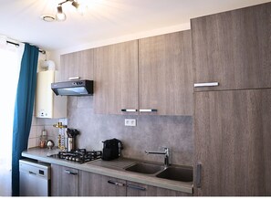Exclusive Apartment | Private kitchen | Full-size fridge, microwave, stovetop, dishwasher