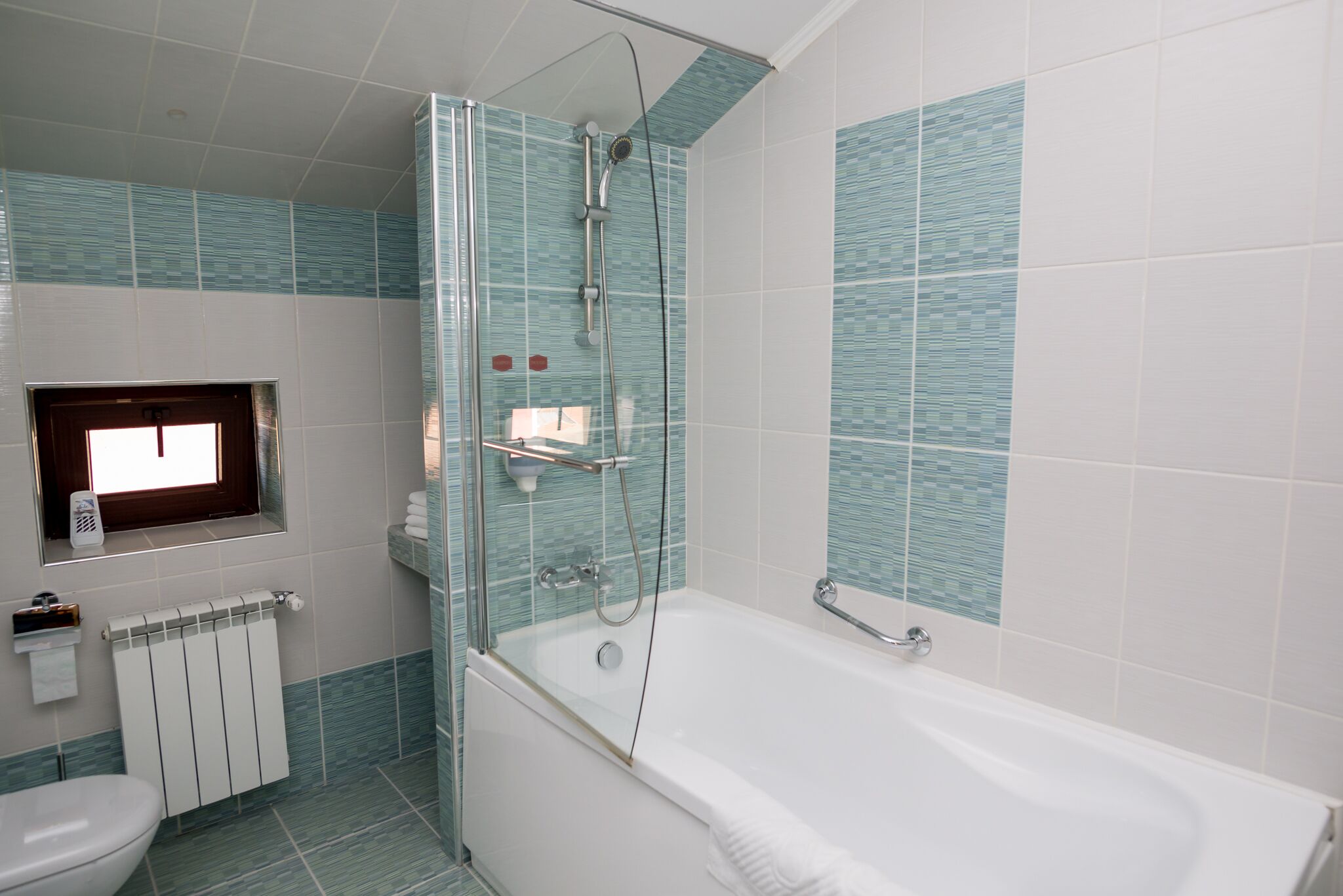 A modern bathroom with a glass-enclosed shower, a white bathtub, and a toilet.