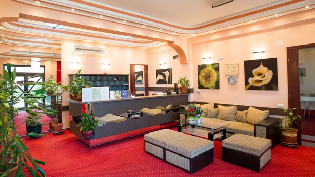 A modern hotel lobby with a reception desk, seating area, and various plants. - Pensiunea President (Deva)