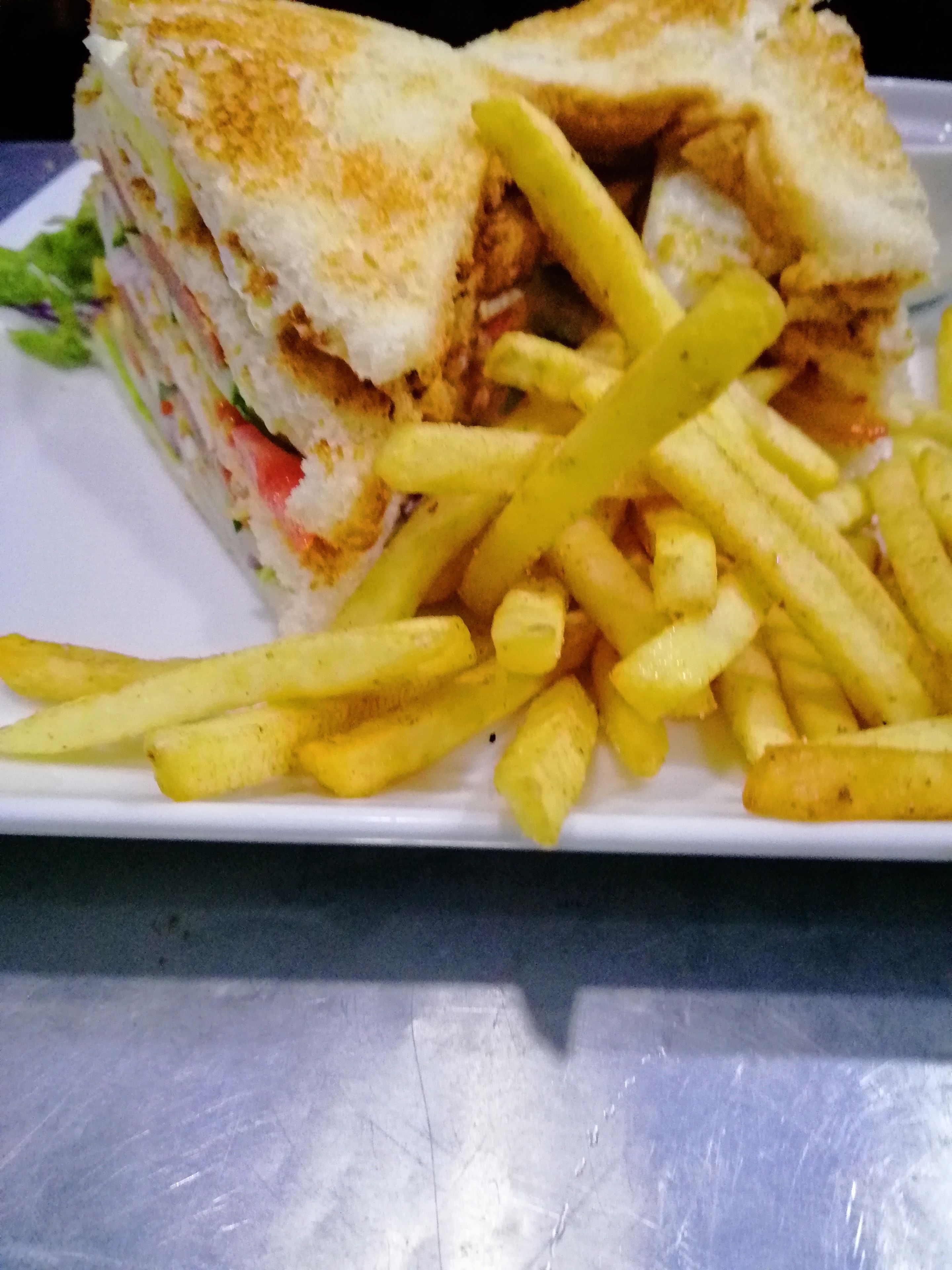 Ein Sandwich mit Pommes auf einem weißen Teller.